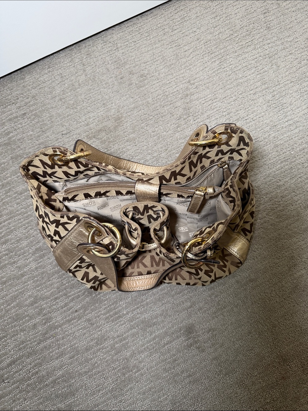 Michael Kors Brown/Tan MK Logo Drawstring Shoulder Bag - Picture 3 of 12
